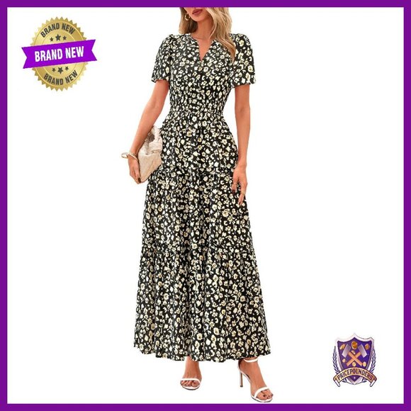 Dresses & Skirts - Boho Maxi Dress with Pockets, V-Neck, Tiered Flowy Summer Beach Dress